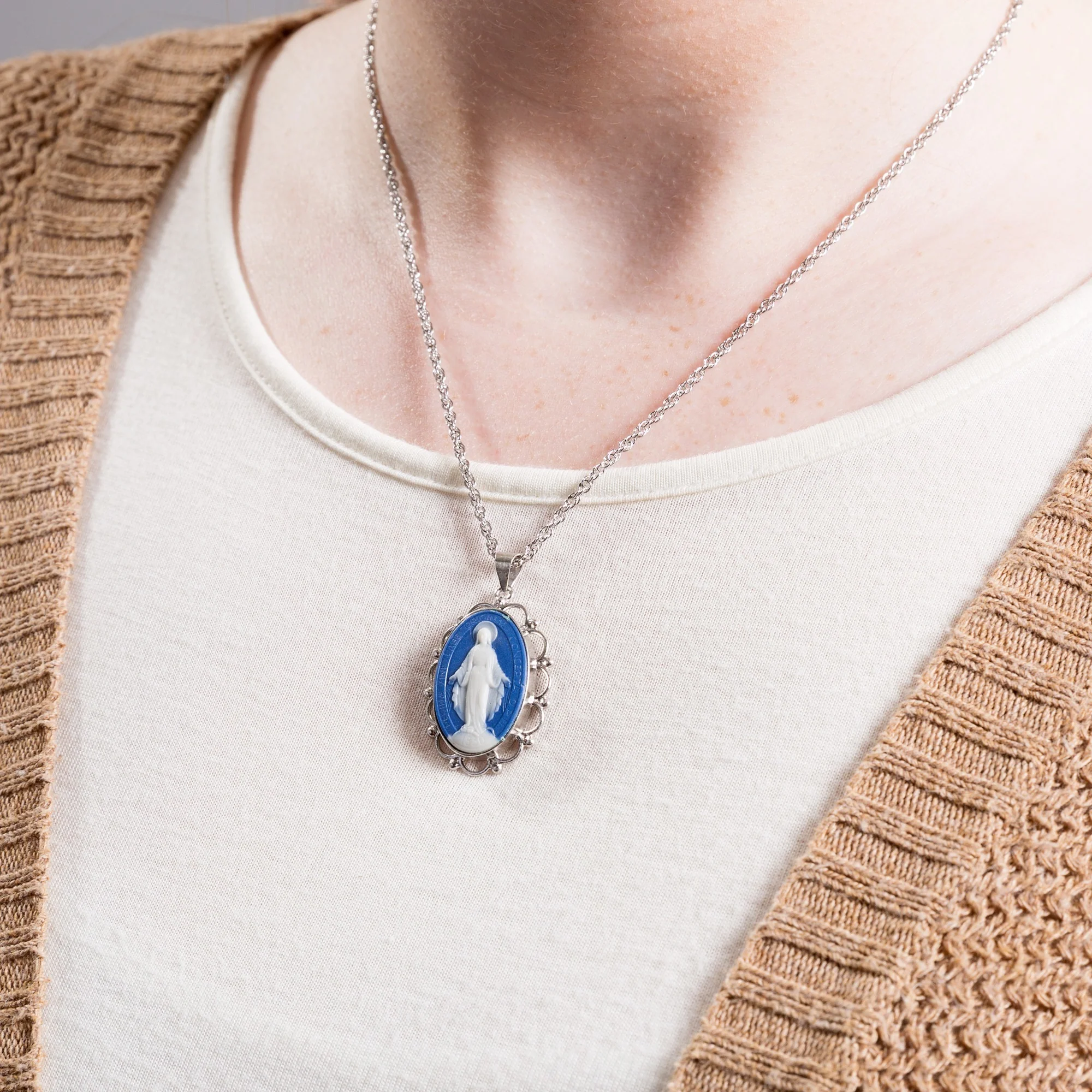 Blue Cameo Our Lady of Grace Necklace - Gold or Silver - Image 2