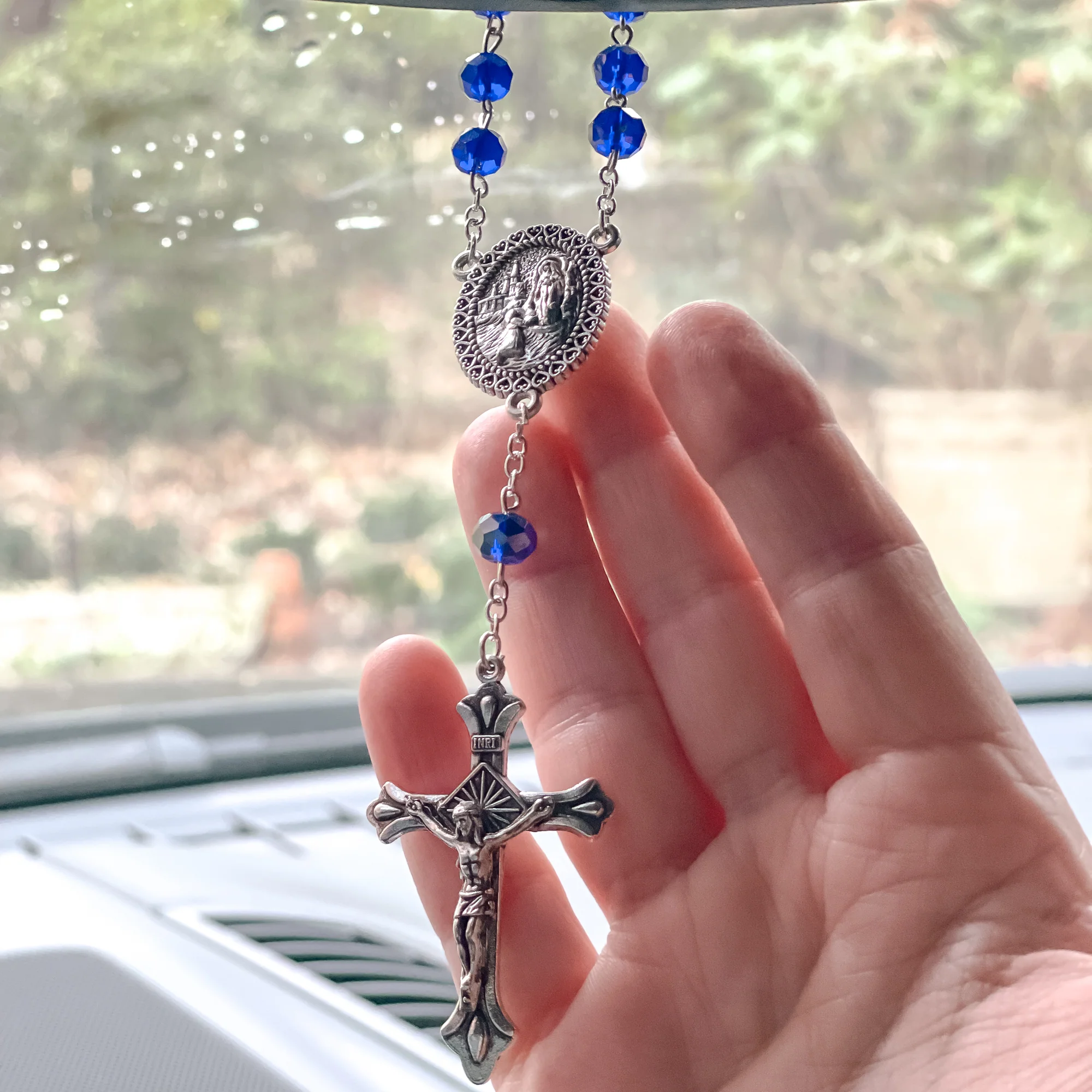 Blue Sun-Cut Crystal Lourdes Water Auto Rosary - Image 2