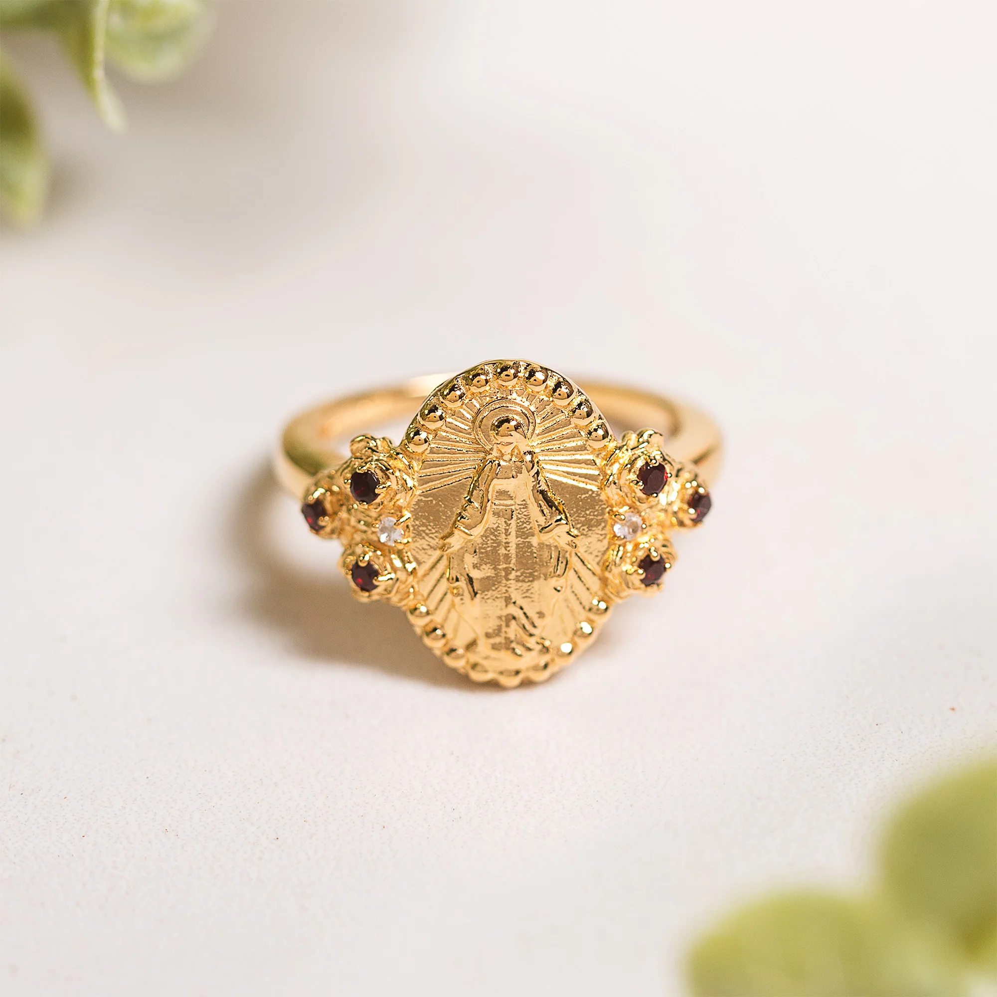 Gold Miraculous Medal & Rose Accent Ring - Multiple Sizes - Image 3