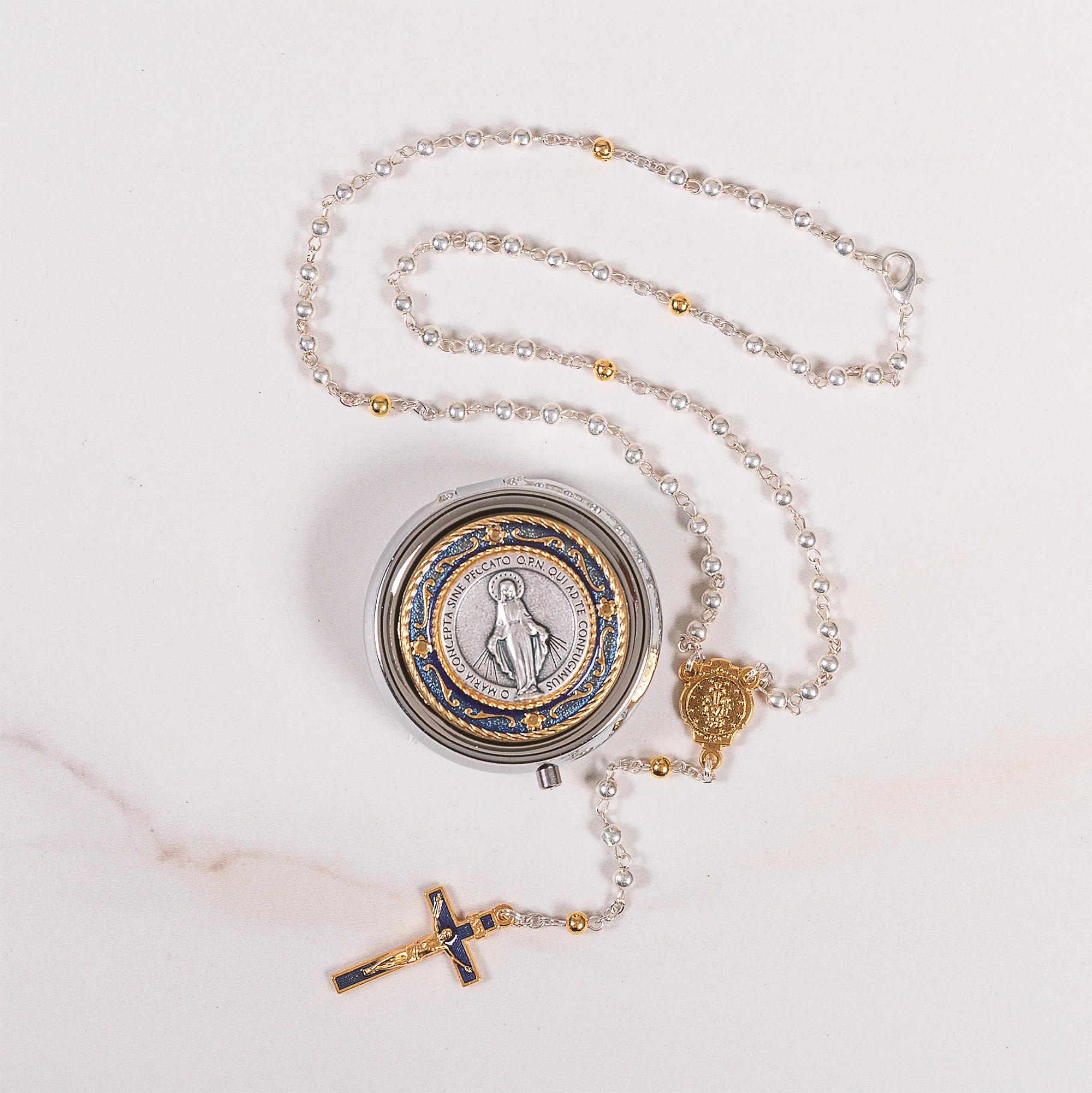 Miraculous Medal & Blue Enamel Rosary with Matching Case - Silver or Two Tone - Image 4
