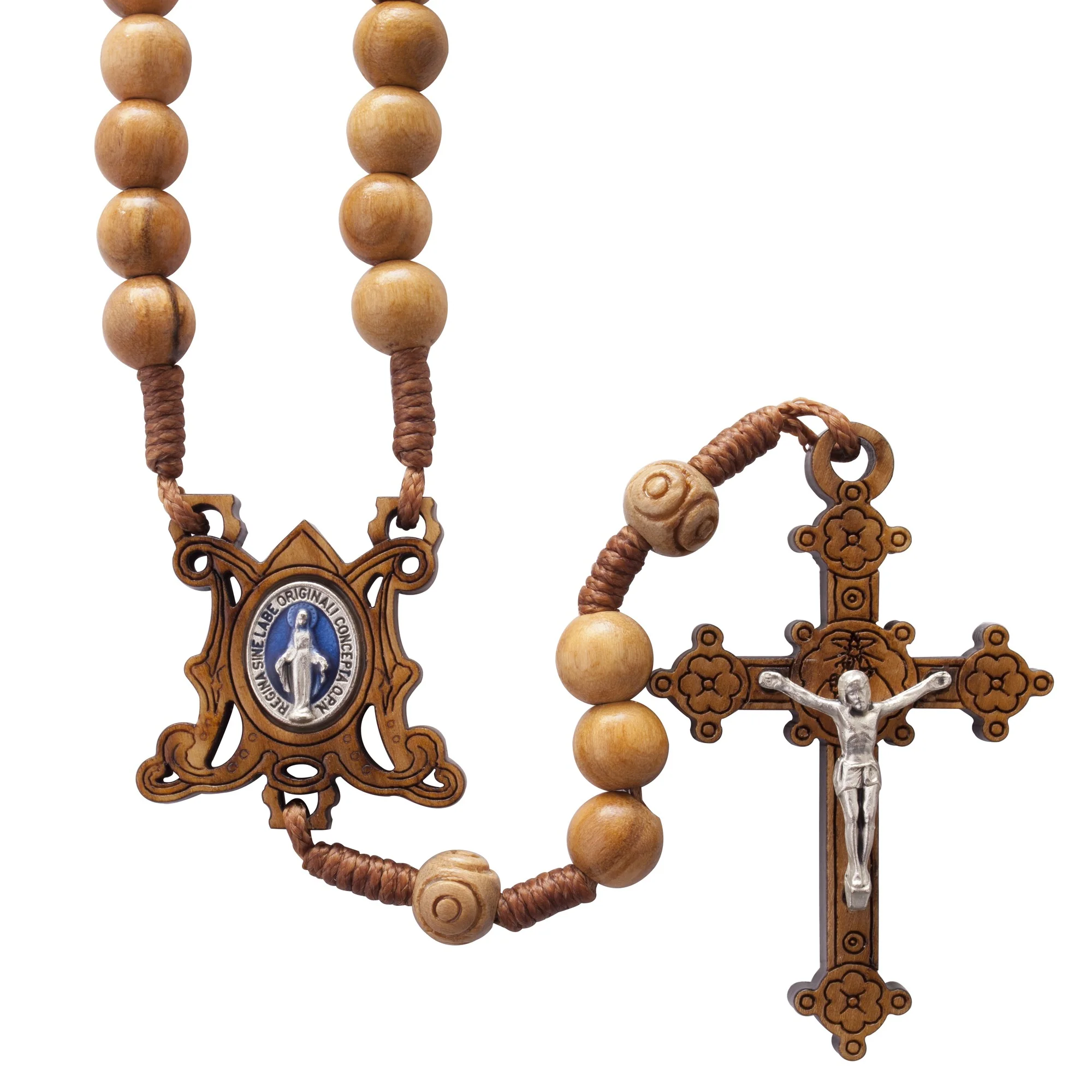 Olive Wood Corded Miraculous Medal Rosary - Image 2