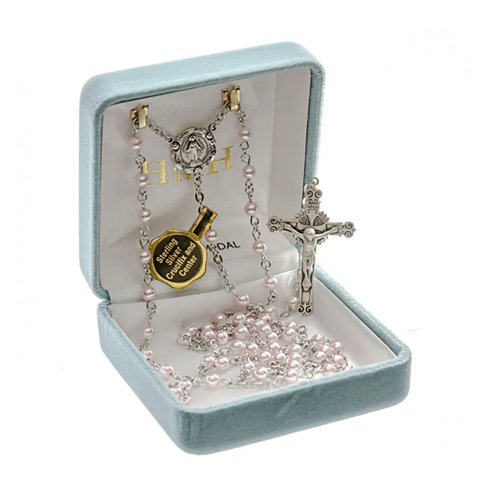 Pearl Swarovski Sterling Silver Rosary - Blue or Pink - Image 6