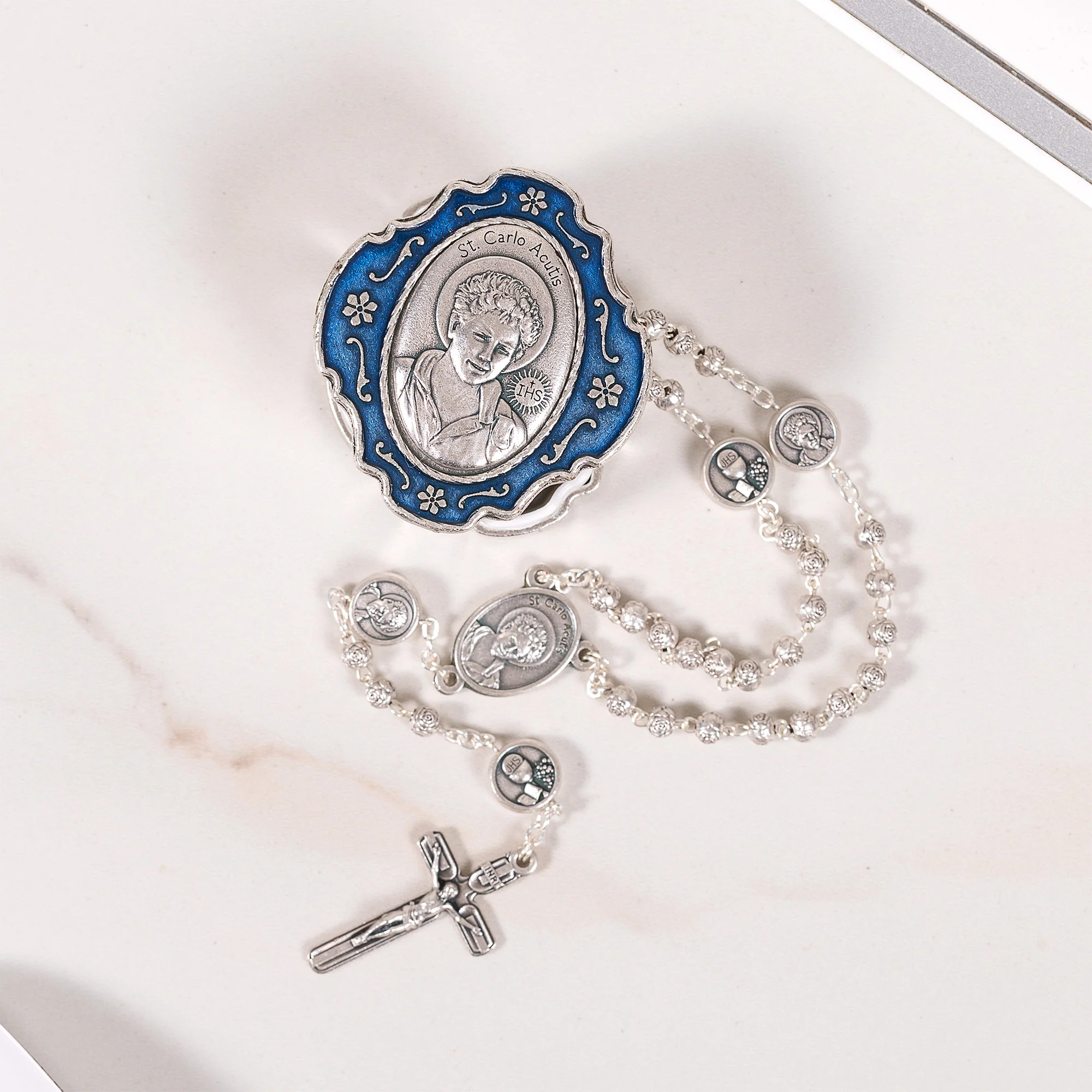 St. Carlo Miniature Rosary in Enamel Box - Image 2