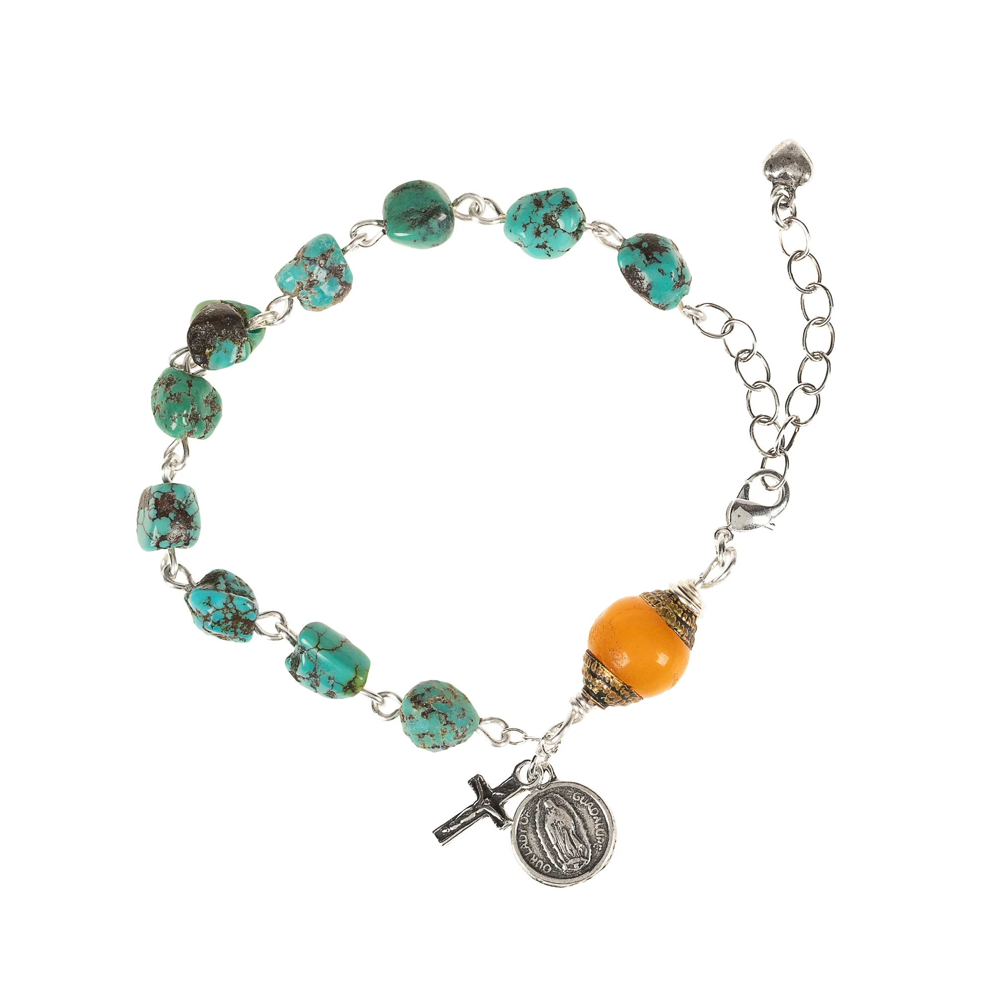 Sterling Turquoise & Amber Guadalupe Rosary Bracelet - Image 2